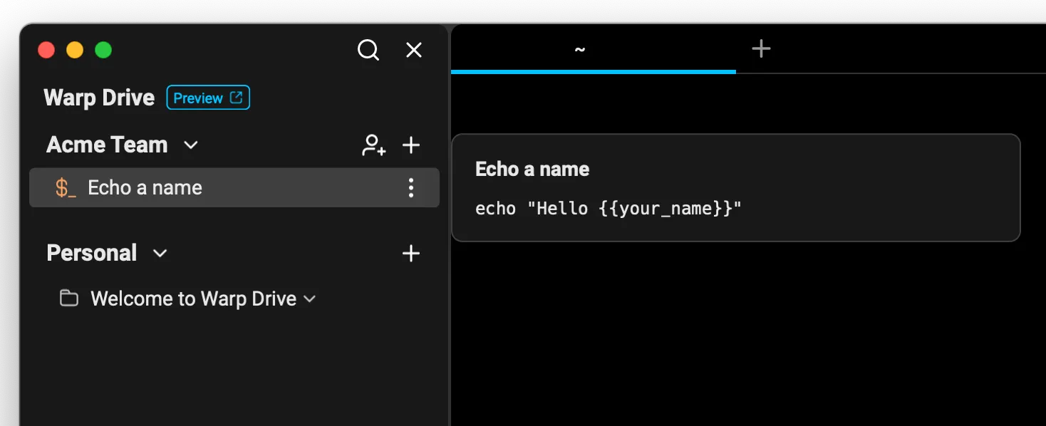Warp Drive side panel showing both a personal workspace and a team workspace.