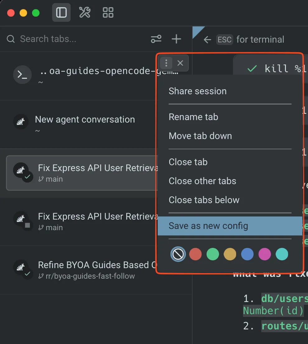 Tab context menu in Warp's vertical tabs panel with Save as new config highlighted