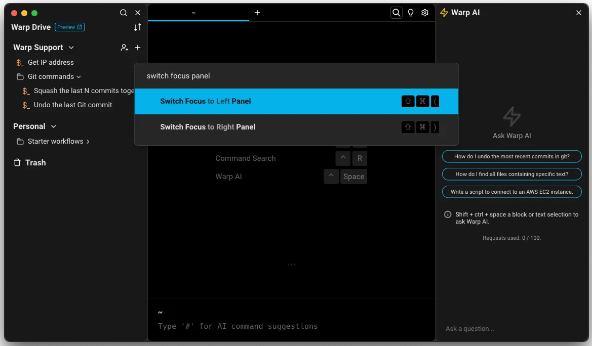 Switching focus between the terminal and Warp Drive panels via the Command Palette.